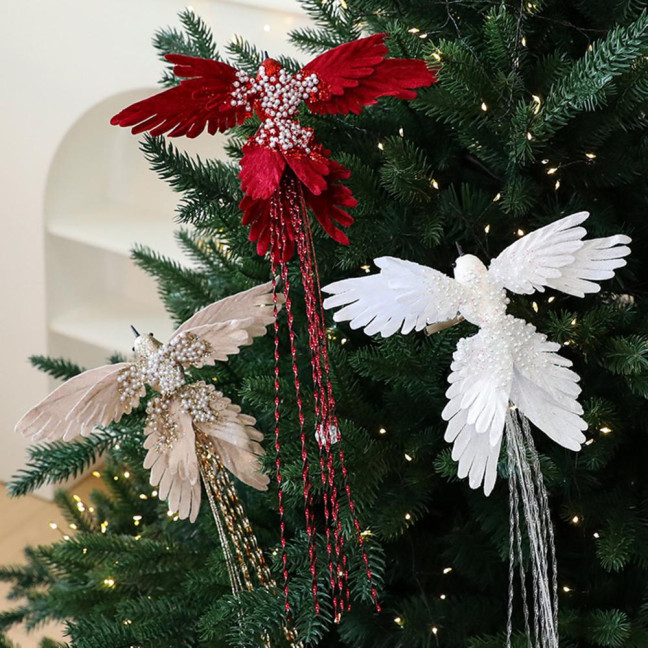 Artificial Glitter Birds Christmas Tree Ornament Realistic Long Tail Hummingbird with Faux Pearl for Holiday Wedding Party Xmas Tree Garland Wreath Decor 