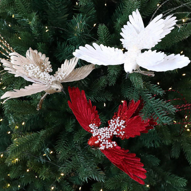 Artificial Glitter Birds Christmas Tree Ornament Realistic Long Tail Hummingbird with Faux Pearl for Holiday Wedding Party Xmas Tree Garland Wreath Decor 