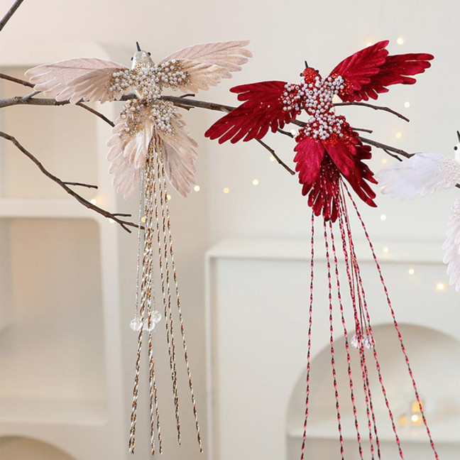Artificial Glitter Birds Christmas Tree Ornament Realistic Long Tail Hummingbird with Faux Pearl for Holiday Wedding Party Xmas Tree Garland Wreath Decor 