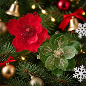 Artificial Poinsettia Flower Picks Velvet Glitter Magnolia Flower with Stem Christmas Tree Ornaments for Xmas New Year Party Wedding Holiday Decor