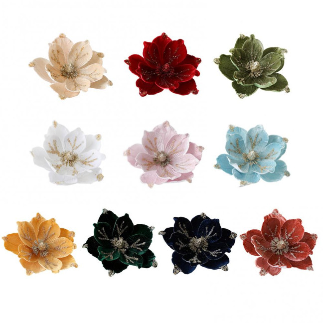 Artificial Poinsettia Flower Picks Velvet Glitter Magnolia Flower with Stem Christmas Tree Ornaments for Xmas New Year Party Wedding Holiday Decor