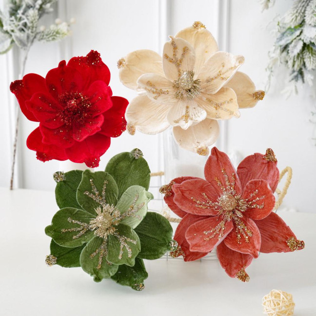 Artificial Poinsettia Flower Picks Velvet Glitter Magnolia Flower with Stem Christmas Tree Ornaments for Xmas New Year Party Wedding Holiday Decor