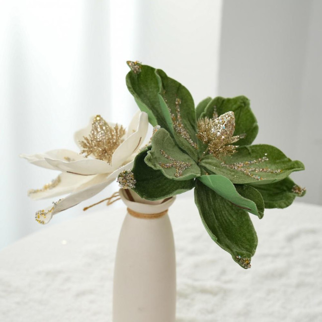 Artificial Poinsettia Flower Picks Velvet Glitter Magnolia Flower with Stem Christmas Tree Ornaments for Xmas New Year Party Wedding Holiday Decor