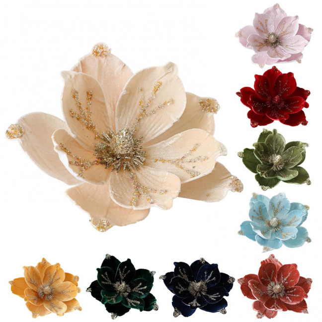 Artificial Poinsettia Flower Picks Velvet Glitter Magnolia Flower with Stem Christmas Tree Ornaments for Xmas New Year Party Wedding Holiday Decor