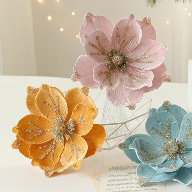 Artificial Poinsettia Flower Picks Velvet Glitter Magnolia Flower with Stem Christmas Tree Ornaments for Xmas New Year Party Wedding Holiday Decor