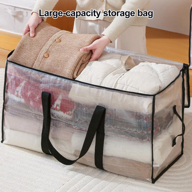 Large Quilt Storage Bag Clear Storage Bin with Lid Reinforced Handles Waterproof Foldable Moving Storage Bags Totes for Clothes Packing Bedding 