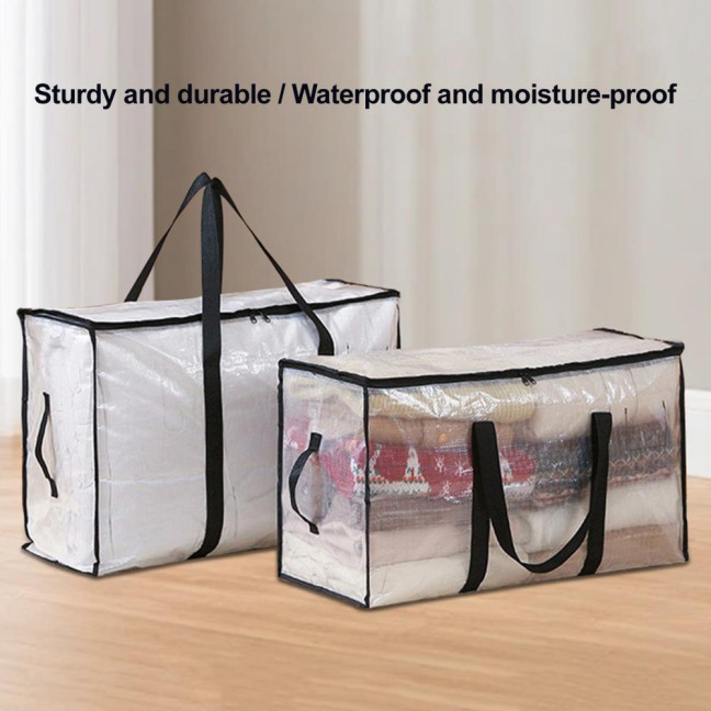 Large Quilt Storage Bag Clear Storage Bin with Lid Reinforced Handles Waterproof Foldable Moving Storage Bags Totes for Clothes Packing Bedding 