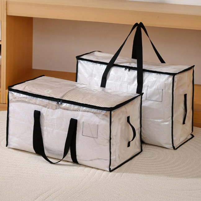Large Quilt Storage Bag Clear Storage Bin with Lid Reinforced Handles Waterproof Foldable Moving Storage Bags Totes for Clothes Packing Bedding 