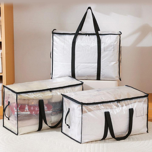 Large Quilt Storage Bag Clear Storage Bin with Lid Reinforced Handles Waterproof Foldable Moving Storage Bags Totes for Clothes Packing Bedding 