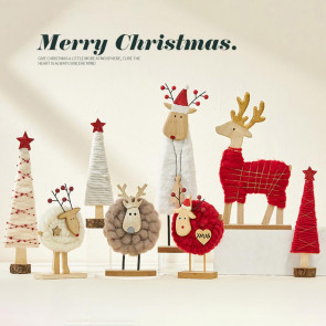 Christmas Tabletop Decoration Plush Wool Felt Reindeer Santa Tree Figurine with Wooden Base for Winter Tiered Tray Mantel Decor