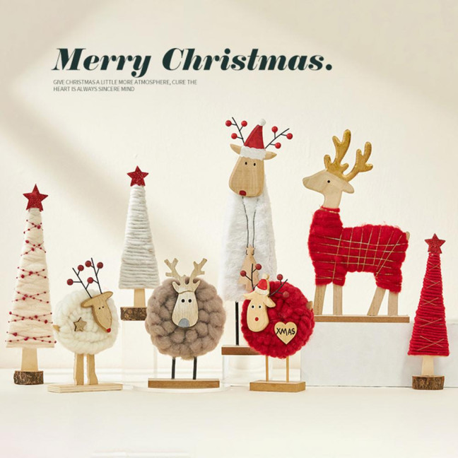 Christmas Tabletop Decoration Plush Wool Felt Reindeer Santa Tree Figurine with Wooden Base for Winter Tiered Tray Mantel Decor
