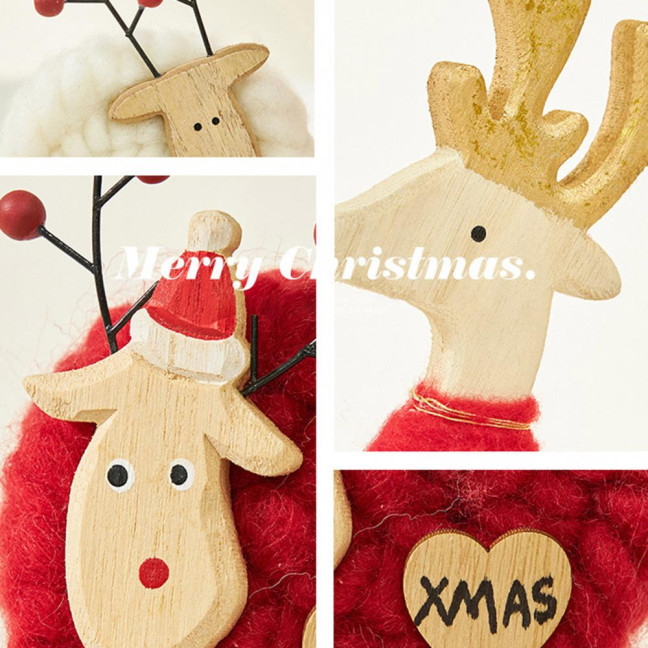 Christmas Tabletop Decoration Plush Wool Felt Reindeer Santa Tree Figurine with Wooden Base for Winter Tiered Tray Mantel Decor