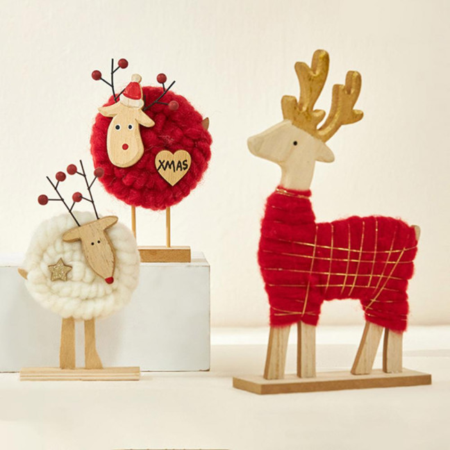 Christmas Tabletop Decoration Plush Wool Felt Reindeer Santa Tree Figurine with Wooden Base for Winter Tiered Tray Mantel Decor