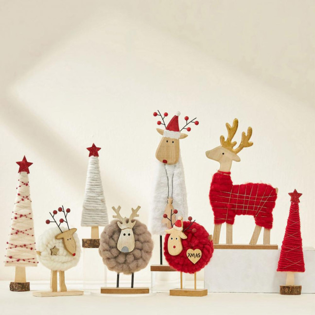 Christmas Tabletop Decoration Plush Wool Felt Reindeer Santa Tree Figurine with Wooden Base for Winter Tiered Tray Mantel Decor