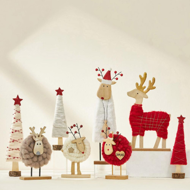 Christmas Tabletop Decoration Plush Wool Felt Reindeer Santa Tree Figurine with Wooden Base for Winter Tiered Tray Mantel Decor