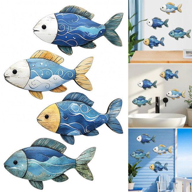 3/4Pcs/Set Wooden Fish Wall Decoration Farmhouse Rustic Nautical Turtle Shell Starfish Wall Art Sculpture Home Living Room Bathroom Wall Decorative Sign 