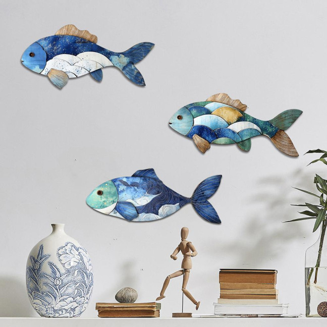 3/4Pcs/Set Wooden Fish Wall Decoration Farmhouse Rustic Nautical Turtle Shell Starfish Wall Art Sculpture Home Living Room Bathroom Wall Decorative Sign 
