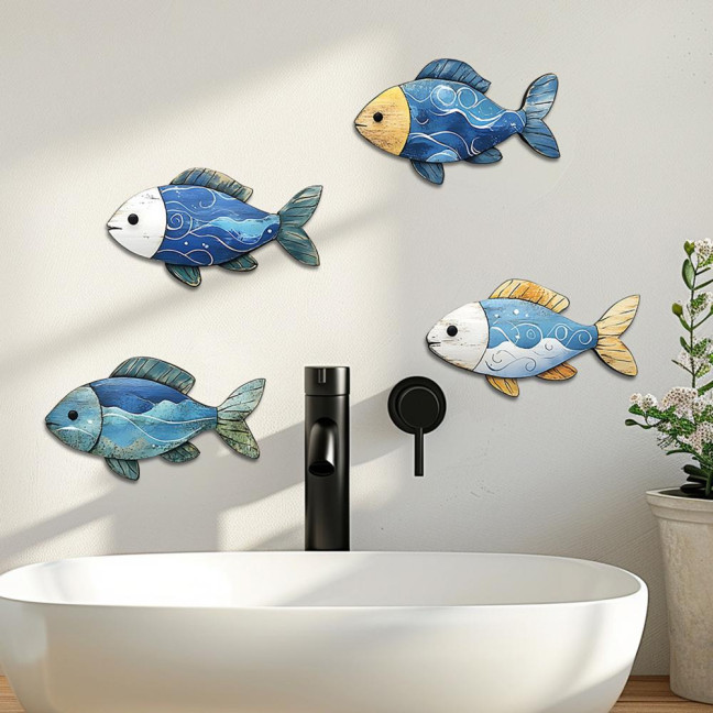 3/4Pcs/Set Wooden Fish Wall Decoration Farmhouse Rustic Nautical Turtle Shell Starfish Wall Art Sculpture Home Living Room Bathroom Wall Decorative Sign 