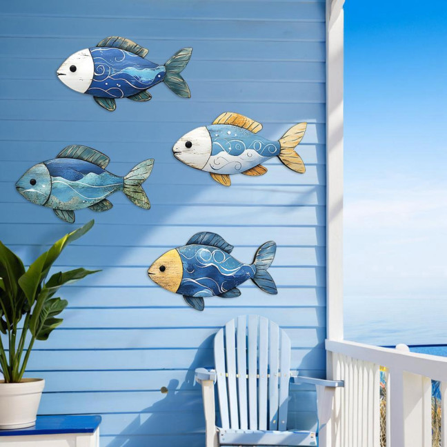 3/4Pcs/Set Wooden Fish Wall Decoration Farmhouse Rustic Nautical Turtle Shell Starfish Wall Art Sculpture Home Living Room Bathroom Wall Decorative Sign 
