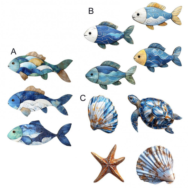 3/4Pcs/Set Wooden Fish Wall Decoration Farmhouse Rustic Nautical Turtle Shell Starfish Wall Art Sculpture Home Living Room Bathroom Wall Decorative Sign 