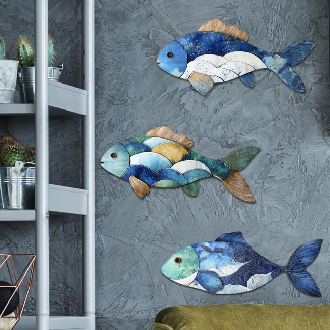 3/4Pcs/Set Wooden Fish Wall Decoration Farmhouse Rustic Nautical Turtle Shell Starfish Wall Art Sculpture Home Living Room Bathroom Wall Decorative Sign 