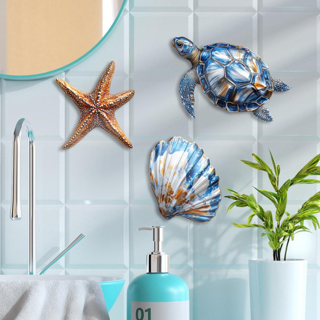 3/4Pcs/Set Wooden Fish Wall Decoration Farmhouse Rustic Nautical Turtle Shell Starfish Wall Art Sculpture Home Living Room Bathroom Wall Decorative Sign 