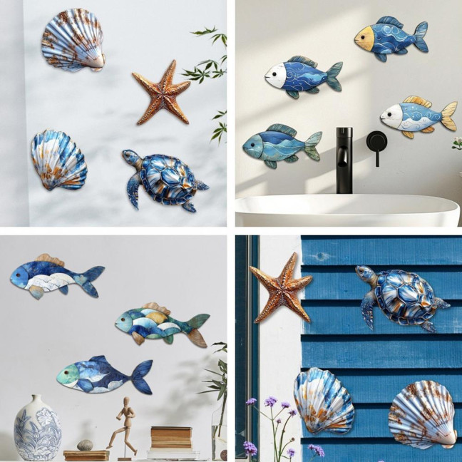 3/4Pcs/Set Wooden Fish Wall Decoration Farmhouse Rustic Nautical Turtle Shell Starfish Wall Art Sculpture Home Living Room Bathroom Wall Decorative Sign 