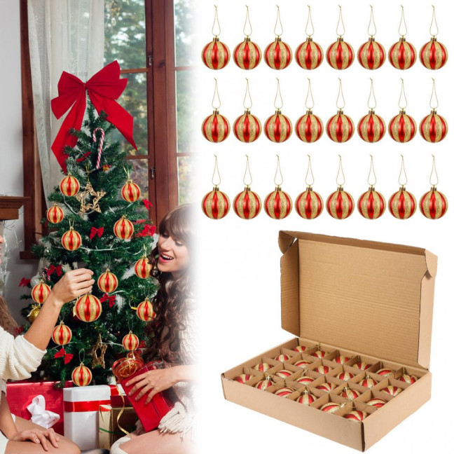 24 Pcs Red And White Christmas Ball Ornaments 2.36 Inch Shatterproof Plastic Glitter Candy Cane Balls Christmas Tree Ornaments for Xmas Tree Holiday Home Decor