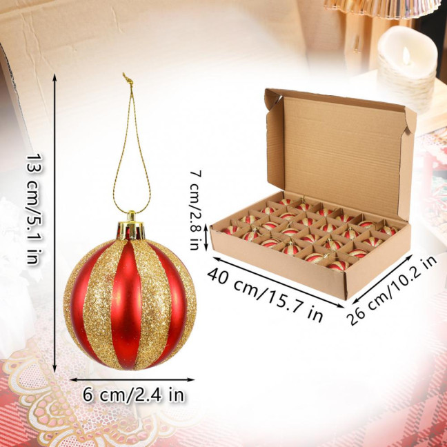 24 Pcs Red And White Christmas Ball Ornaments 2.36 Inch Shatterproof Plastic Glitter Candy Cane Balls Christmas Tree Ornaments for Xmas Tree Holiday Home Decor