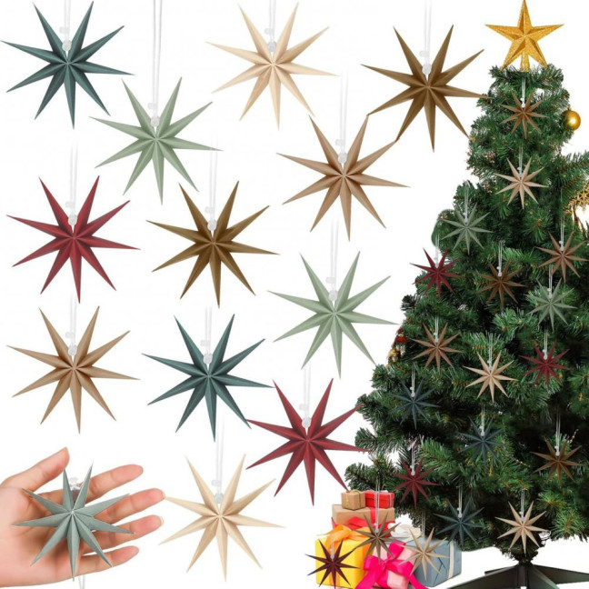 5Pcs Star Lanterns 12-Inch Paper Christmas Ornaments 9 Pointed Hanging Lamp Lampshades Vintage Farmhouse Xmas Party Decorations