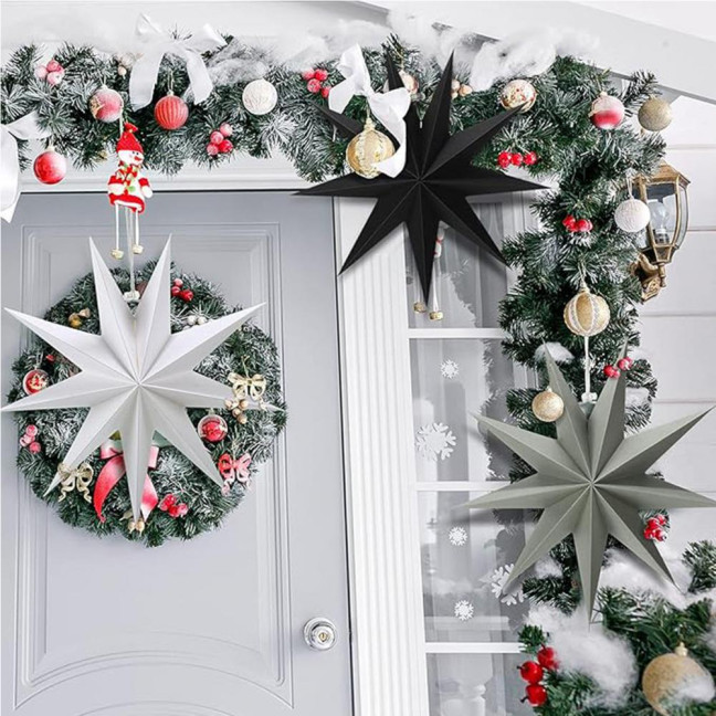 5Pcs Star Lanterns 12-Inch Paper Christmas Ornaments 9 Pointed Hanging Lamp Lampshades Vintage Farmhouse Xmas Party Decorations