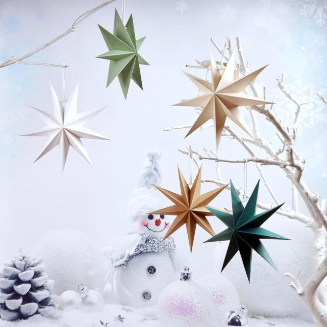 5Pcs Star Lanterns 12-Inch Paper Christmas Ornaments 9 Pointed Hanging Lamp Lampshades Vintage Farmhouse Xmas Party Decorations