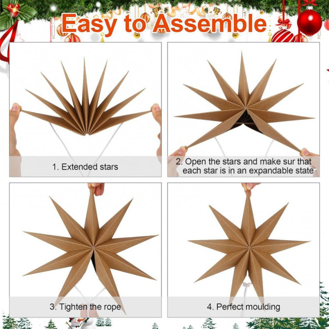 5Pcs Star Lanterns 12-Inch Paper Christmas Ornaments 9 Pointed Hanging Lamp Lampshades Vintage Farmhouse Xmas Party Decorations