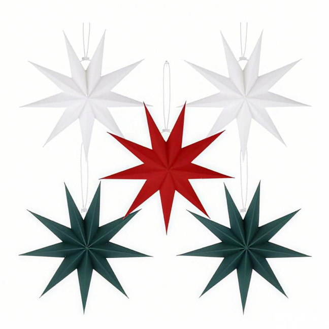 5Pcs Star Lanterns 12-Inch Paper Christmas Ornaments 9 Pointed Hanging Lamp Lampshades Vintage Farmhouse Xmas Party Decorations