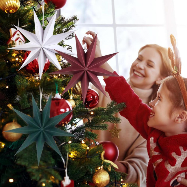 5Pcs Star Lanterns 12-Inch Paper Christmas Ornaments 9 Pointed Hanging Lamp Lampshades Vintage Farmhouse Xmas Party Decorations