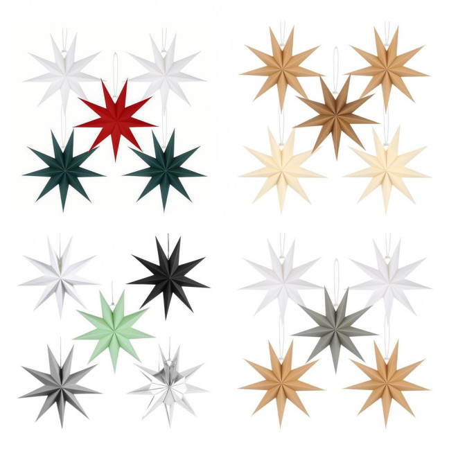 5Pcs Star Lanterns 12-Inch Paper Christmas Ornaments 9 Pointed Hanging Lamp Lampshades Vintage Farmhouse Xmas Party Decorations