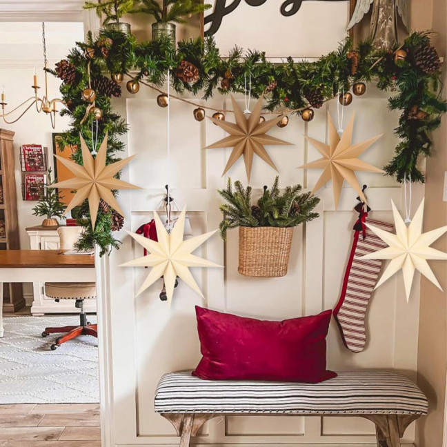5Pcs Star Lanterns 12-Inch Paper Christmas Ornaments 9 Pointed Hanging Lamp Lampshades Vintage Farmhouse Xmas Party Decorations