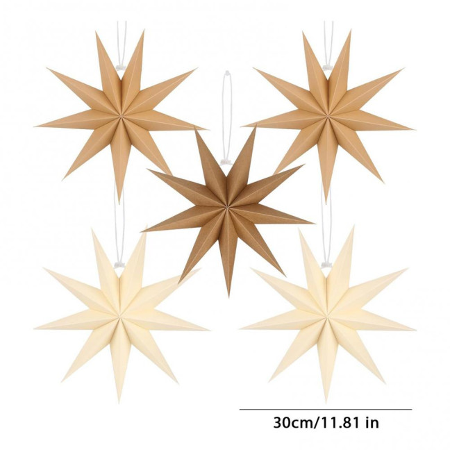 5Pcs Star Lanterns 12-Inch Paper Christmas Ornaments 9 Pointed Hanging Lamp Lampshades Vintage Farmhouse Xmas Party Decorations
