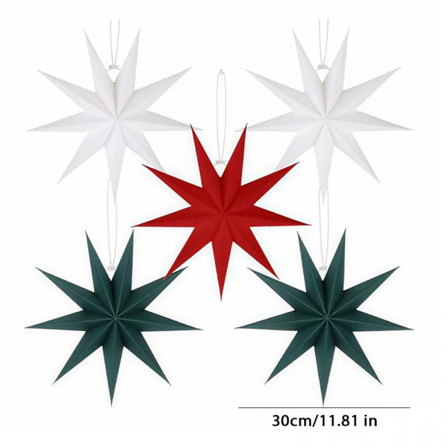 5Pcs Star Lanterns 12-Inch Paper Christmas Ornaments 9 Pointed Hanging Lamp Lampshades Vintage Farmhouse Xmas Party Decorations