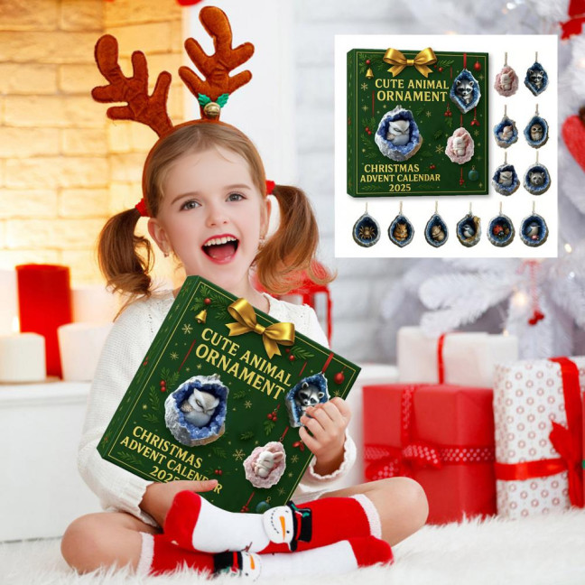 Geode Animal Advent Calendar 2025 24 Days Countdown Calendar with 2D Acrylic Forest Crystal Cave Animals Ornaments for Christmas Tree Decor