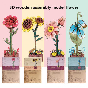 3D Wooden Flower Puzzle Kit for Adults DIY Botanical Bouquet Building Set Wood Sunflower/Rose Floral Craft Kit for Stress Relief Mother's Day Housewarming Gifts