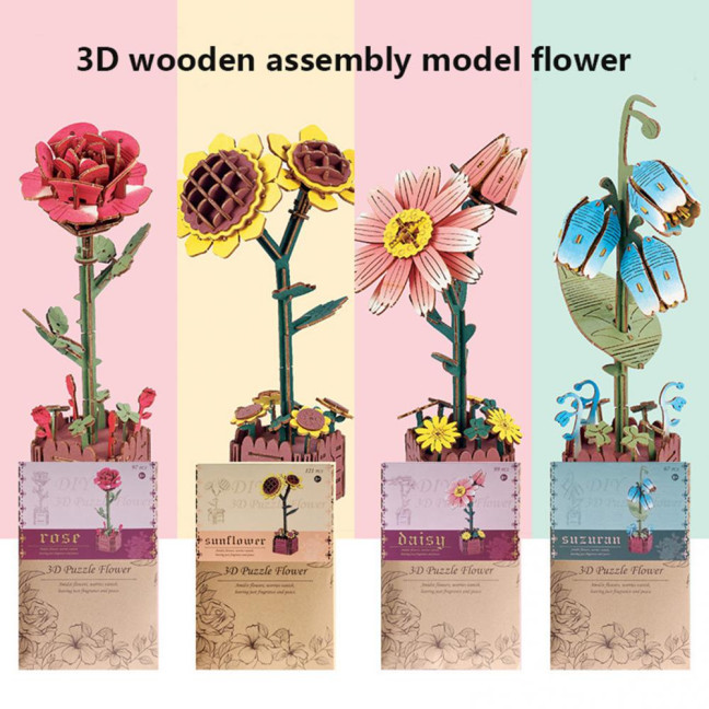 3D Wooden Flower Puzzle Kit for Adults DIY Botanical Bouquet Building Set Wood Sunflower/Rose Floral Craft Kit for Stress Relief Mother's Day Housewarming Gifts