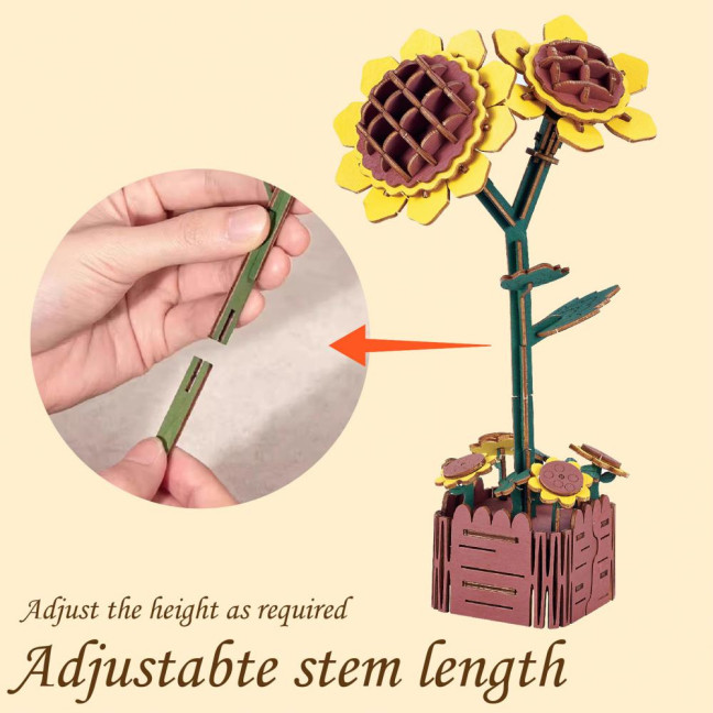 3D Wooden Flower Puzzle Kit for Adults DIY Botanical Bouquet Building Set Wood Sunflower/Rose Floral Craft Kit for Stress Relief Mother's Day Housewarming Gifts