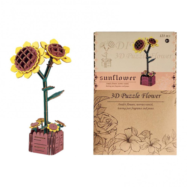 3D Wooden Flower Puzzle Kit for Adults DIY Botanical Bouquet Building Set Wood Sunflower/Rose Floral Craft Kit for Stress Relief Mother's Day Housewarming Gifts