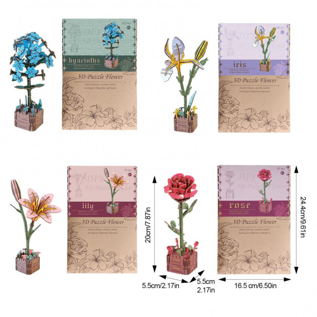 3D Wooden Flower Puzzle Kit for Adults DIY Botanical Bouquet Building Set Wood Sunflower/Rose Floral Craft Kit for Stress Relief Mother's Day Housewarming Gifts