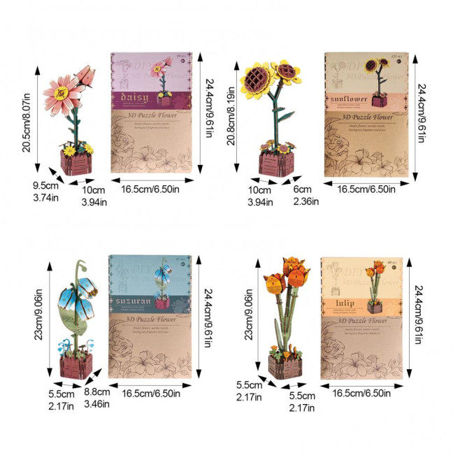 3D Wooden Flower Puzzle Kit for Adults DIY Botanical Bouquet Building Set Wood Sunflower/Rose Floral Craft Kit for Stress Relief Mother's Day Housewarming Gifts