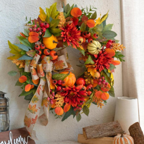 18 Inch Fall Wreath for Front Door Artificial Pumpkin Wreath with Dahlia Berries And Bow Large Autumn Wreath for Thanksgiving Farmhouse Indoor Outdoor Decor