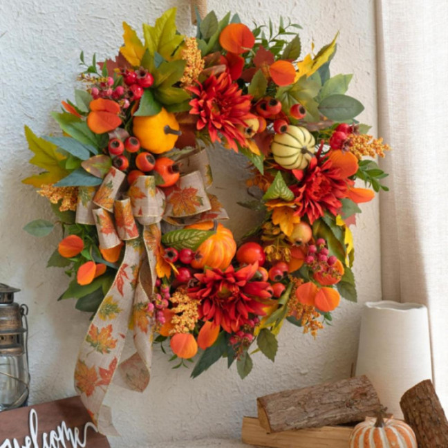 18 Inch Fall Wreath for Front Door Artificial Pumpkin Wreath with Dahlia Berries And Bow Large Autumn Wreath for Thanksgiving Farmhouse Indoor Outdoor Decor