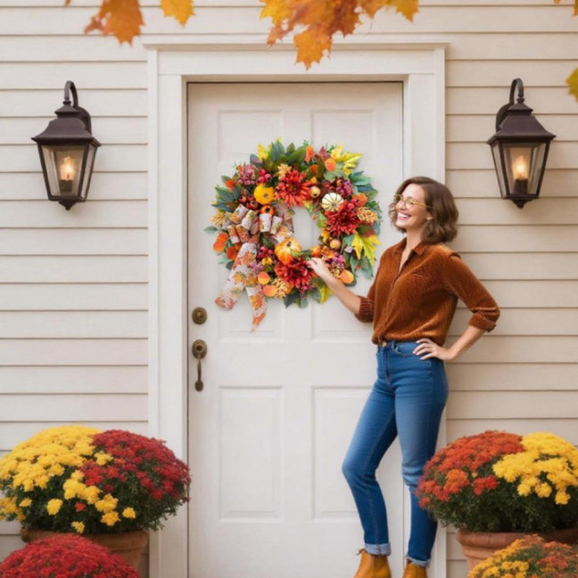 18 Inch Fall Wreath for Front Door Artificial Pumpkin Wreath with Dahlia Berries And Bow Large Autumn Wreath for Thanksgiving Farmhouse Indoor Outdoor Decor