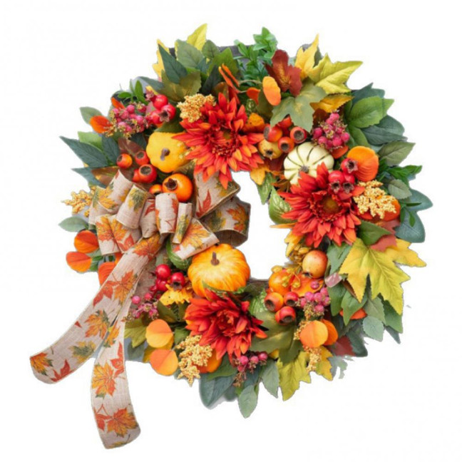 18 Inch Fall Wreath for Front Door Artificial Pumpkin Wreath with Dahlia Berries And Bow Large Autumn Wreath for Thanksgiving Farmhouse Indoor Outdoor Decor